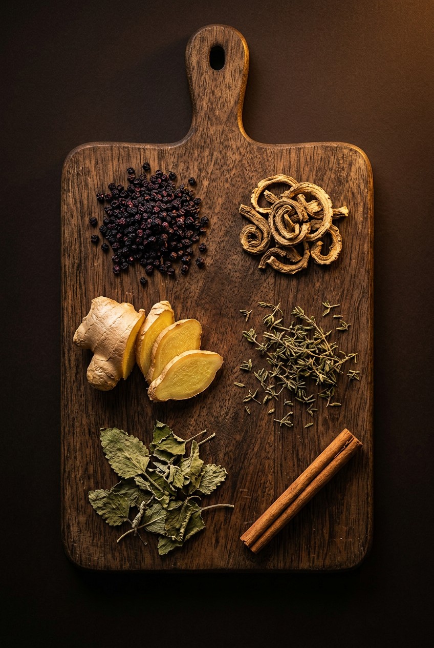 Dried elderberries, fresh ginger root, echinacea, thyme sprigs, and lemon balm arranged on wooden cutting board for herbal tea recipe for cold and flu