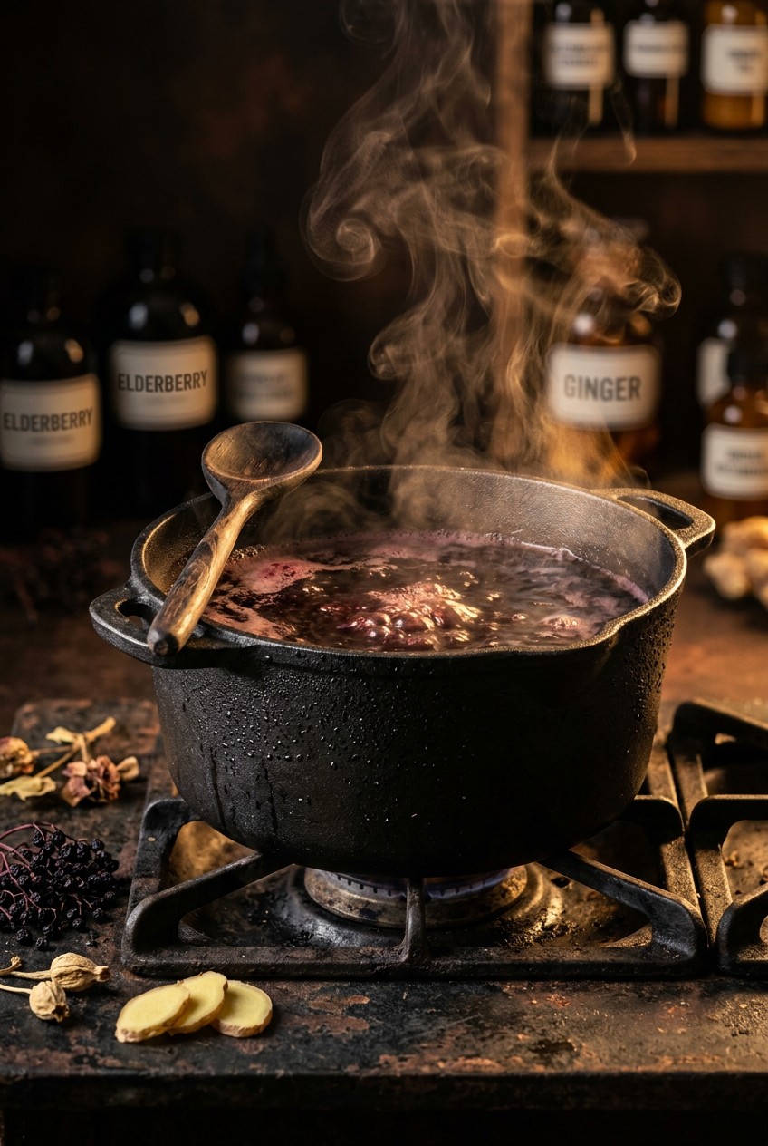 Simmering pot of elderberry ginger herbal tea for cold and cough with steam rising, dark purple liquid, natural cold remedy tea brewing on stovetop
