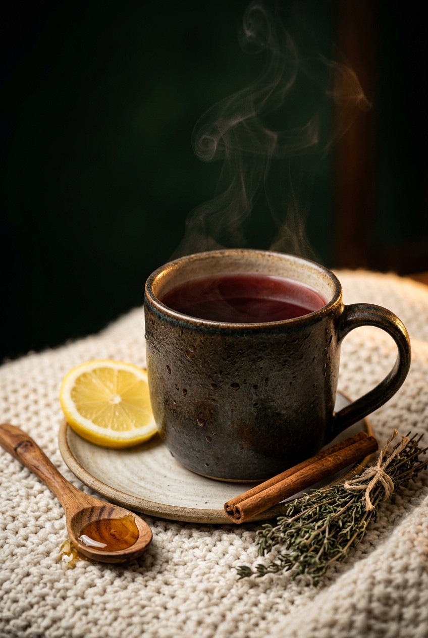 Steaming mug of finished herbal tea recipe for cold and flu with honey swirl, lemon slice, cinnamon stick, immune support healing tea on cozy blanket