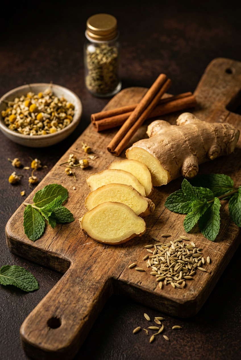 Fresh ginger root, chamomile flowers, cinnamon sticks, and peppermint leaves arranged on a wooden cutting board for herbal tea recipe for menstrual cramps