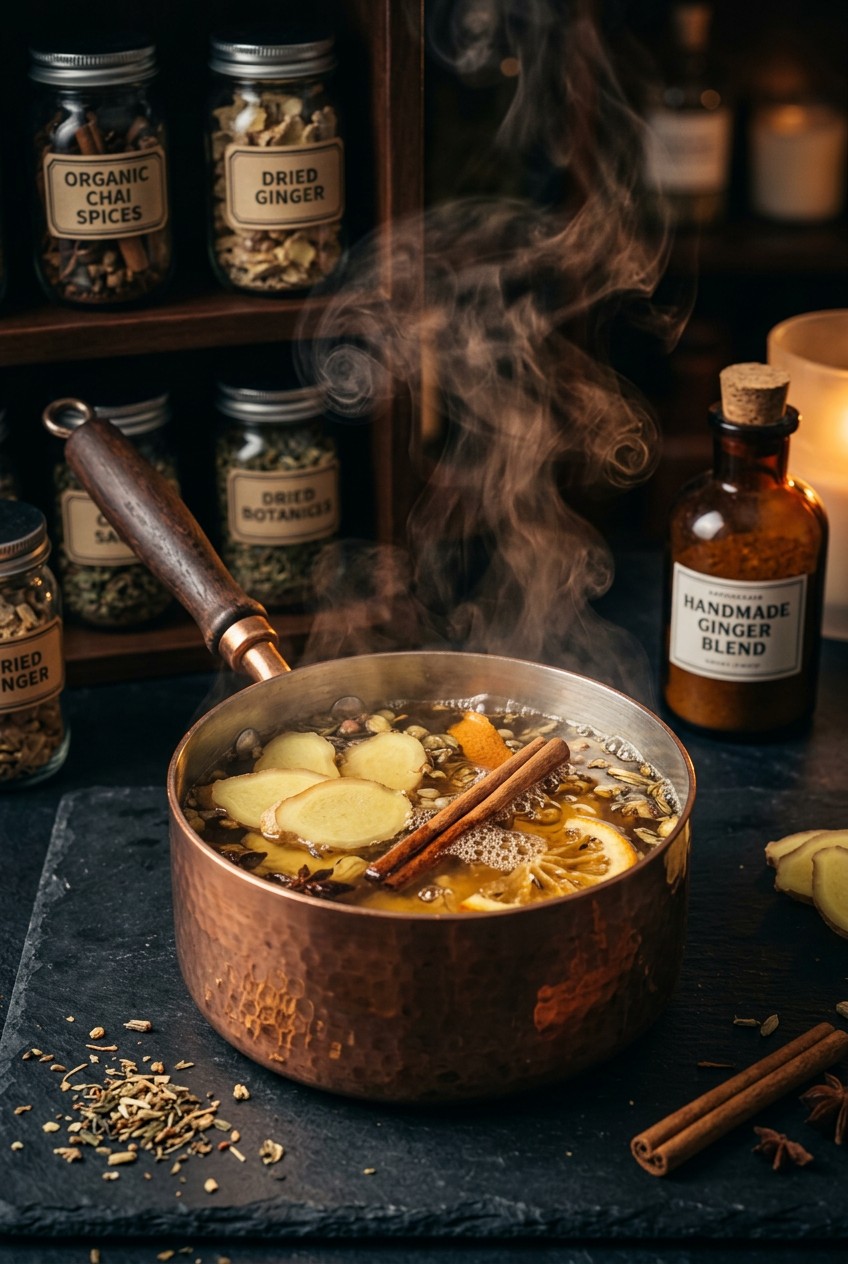 Steaming saucepan with ginger slices and cinnamon stick simmering in water for menstrual pain relief tea