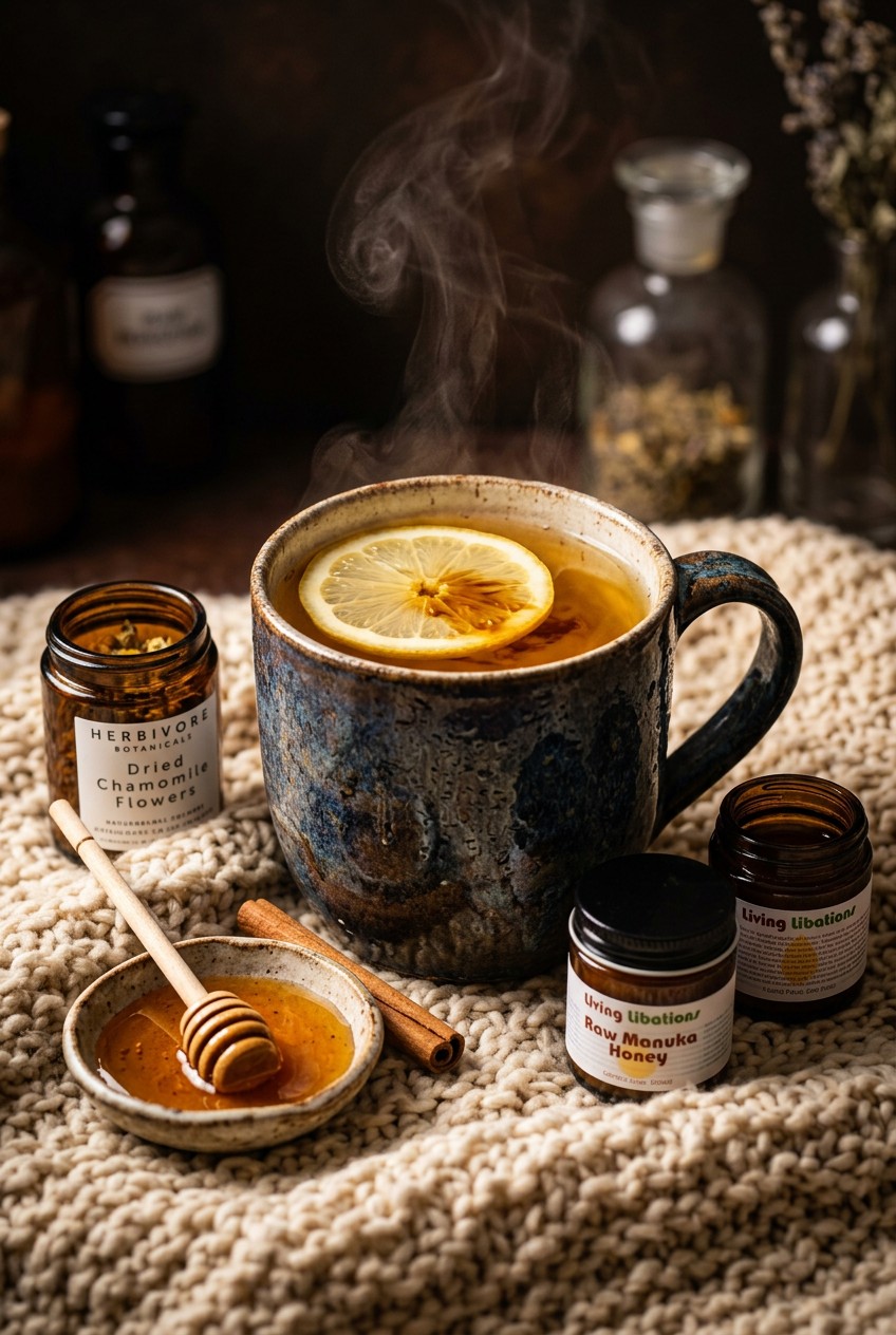 Mug of golden herbal tea for menstrual cramps with lemon slice and honey, steam rising, on cozy blanket