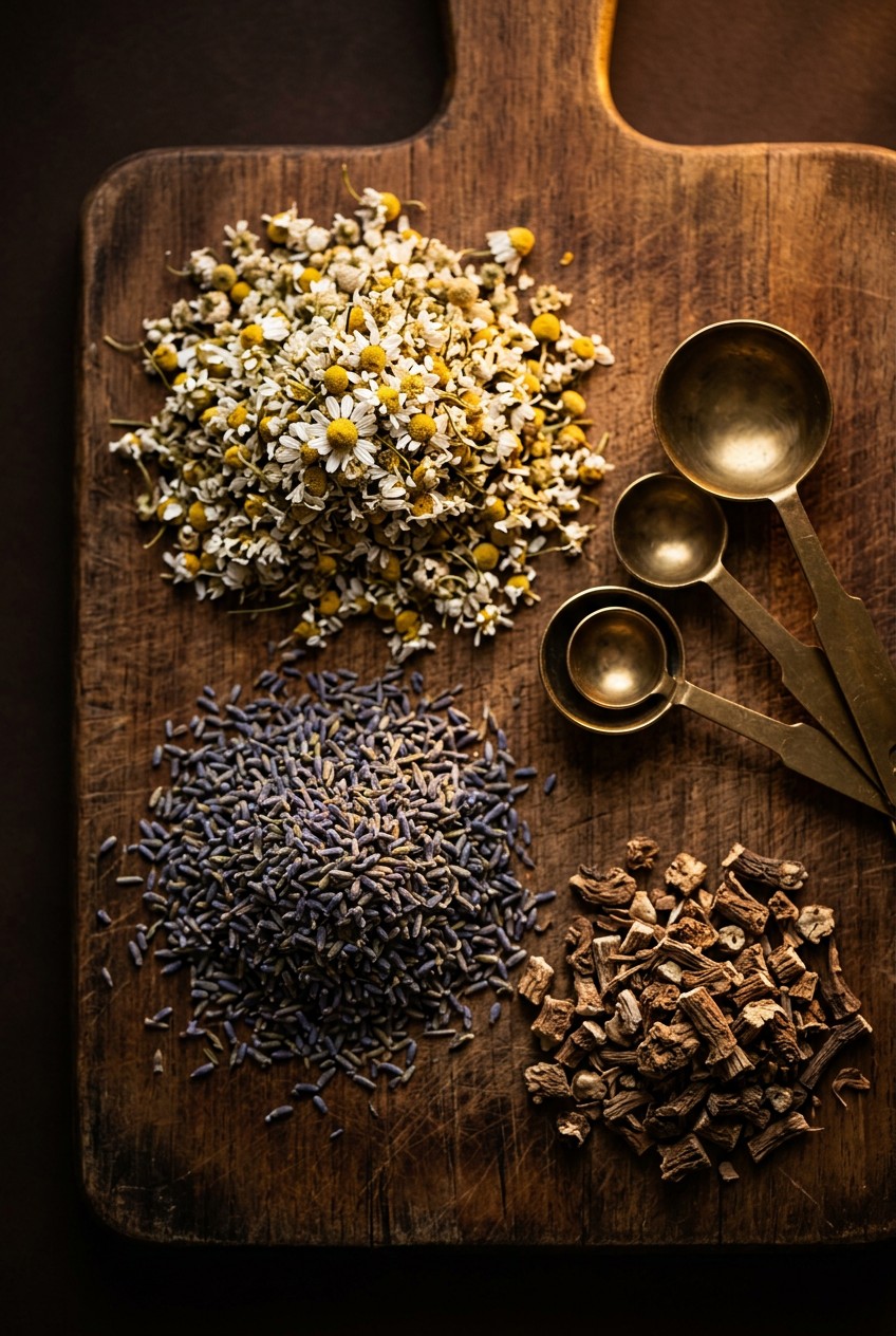 Herbal tea recipe for sleep ingredients including dried chamomile flowers, lavender buds, and valerian root on a wooden board with measuring spoons