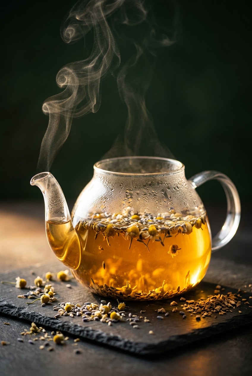 Steeping calming tea blend in a glass teapot with chamomile, lavender, and valerian root, golden amber color visible through glass