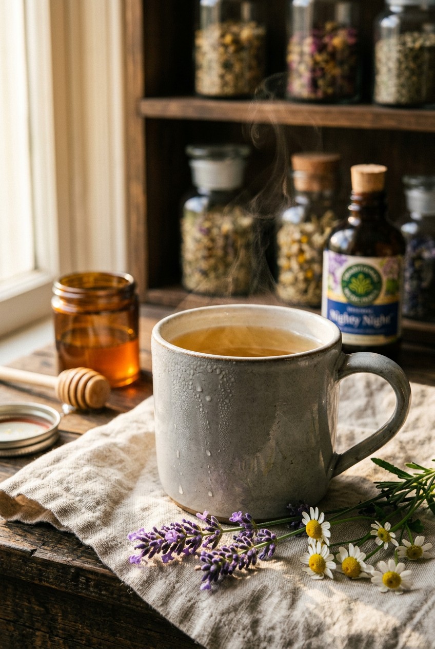 Finished herbal tea for sleep in a ceramic mug with steam rising, chamomile flowers and lavender sprigs beside the cup on linen cloth