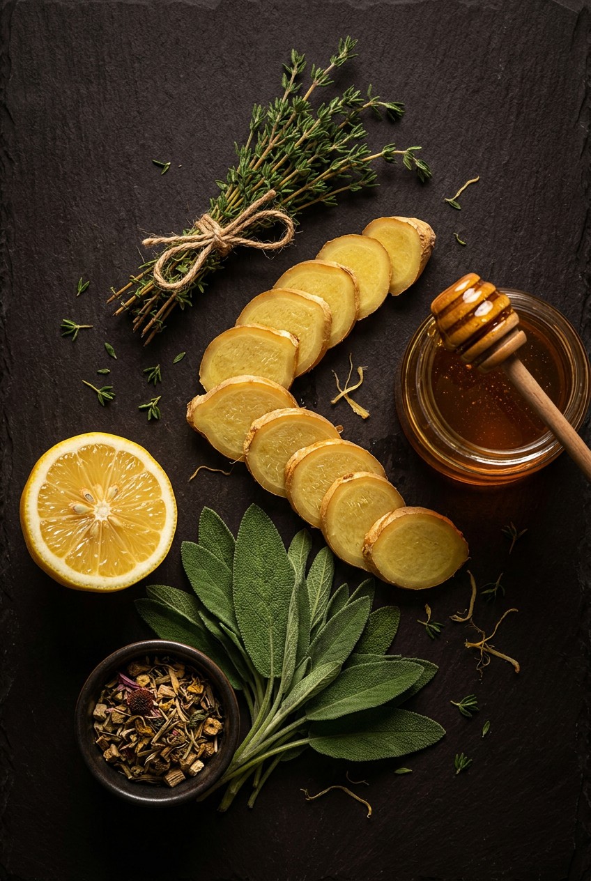 Fresh ginger root sliced next to bundles of thyme and sage herbs with lemon and honey jar for herbal tea recipe for sore throat
