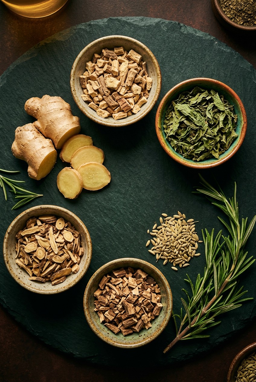 Energizing herbal tea blend with dried ginseng root, peppermint leaves, ginger slices, and licorice root arranged on wooden surface