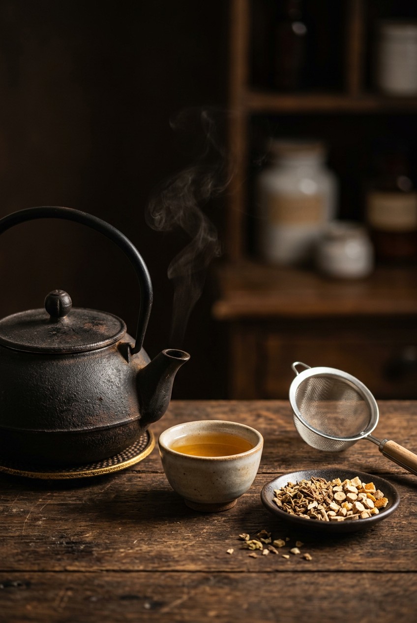 Steeping herbal tea for energy in glass teapot showing ginseng root and peppermint leaves infusing in hot water