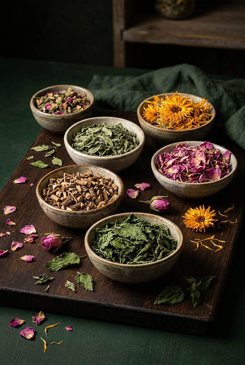 Dried nettle leaves, dandelion root, spearmint, rose petals and calendula flowers arranged in small bowls for herbal tea recipe for glowing skin