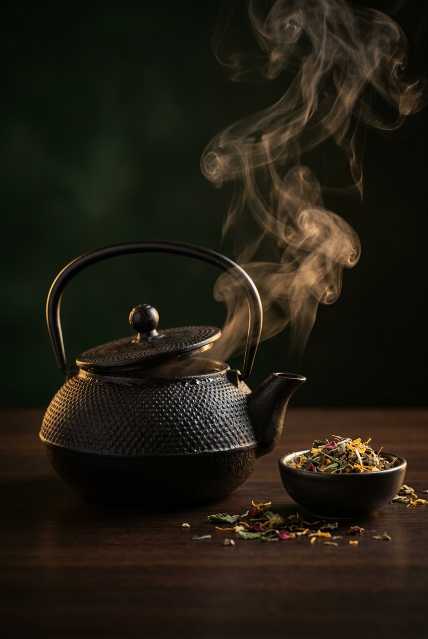 Steeping herbal tea for clear skin in glass teapot showing nettle dandelion and mint blend