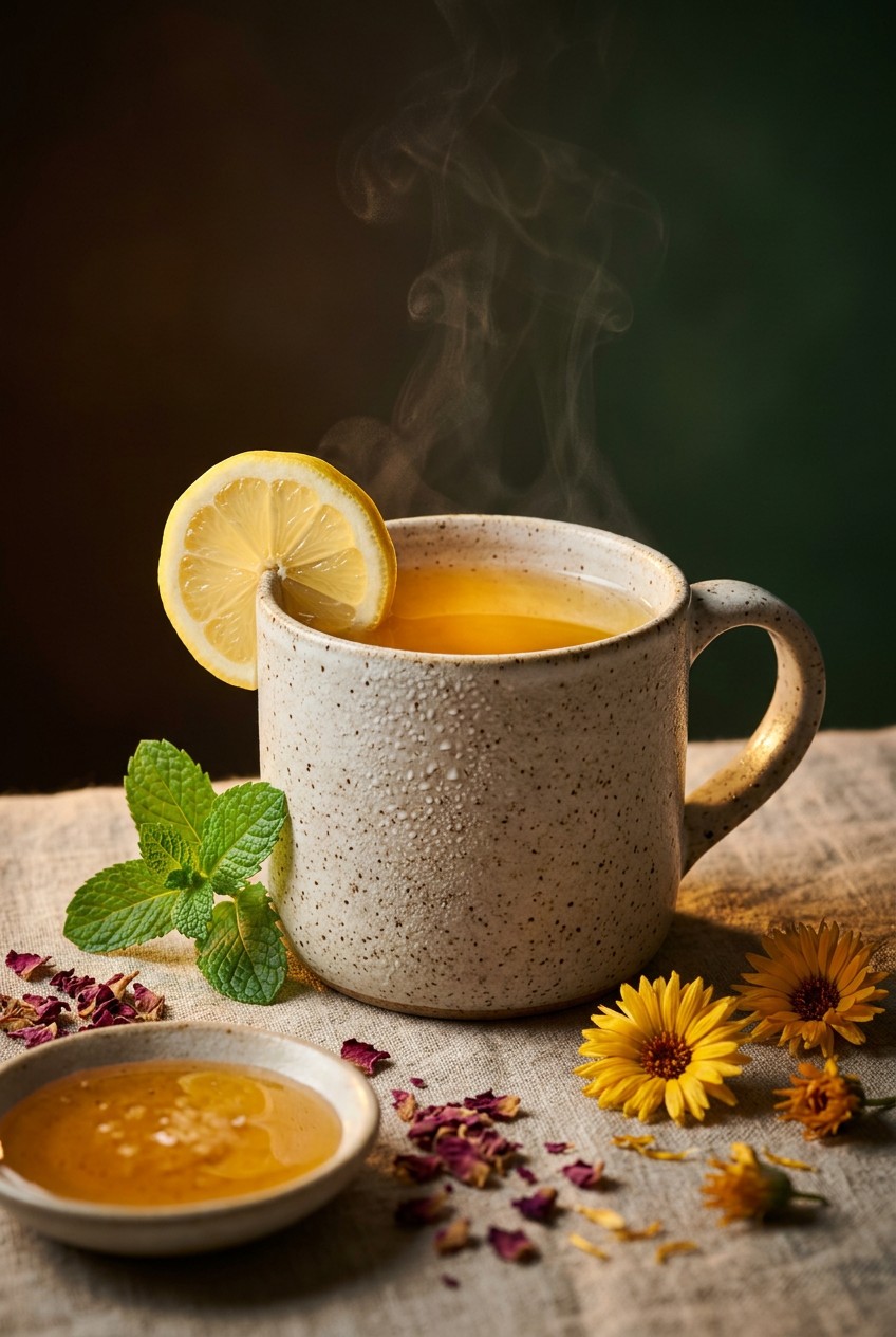Cup of clear skin tea blend with fresh mint garnish and lemon slice on natural linen