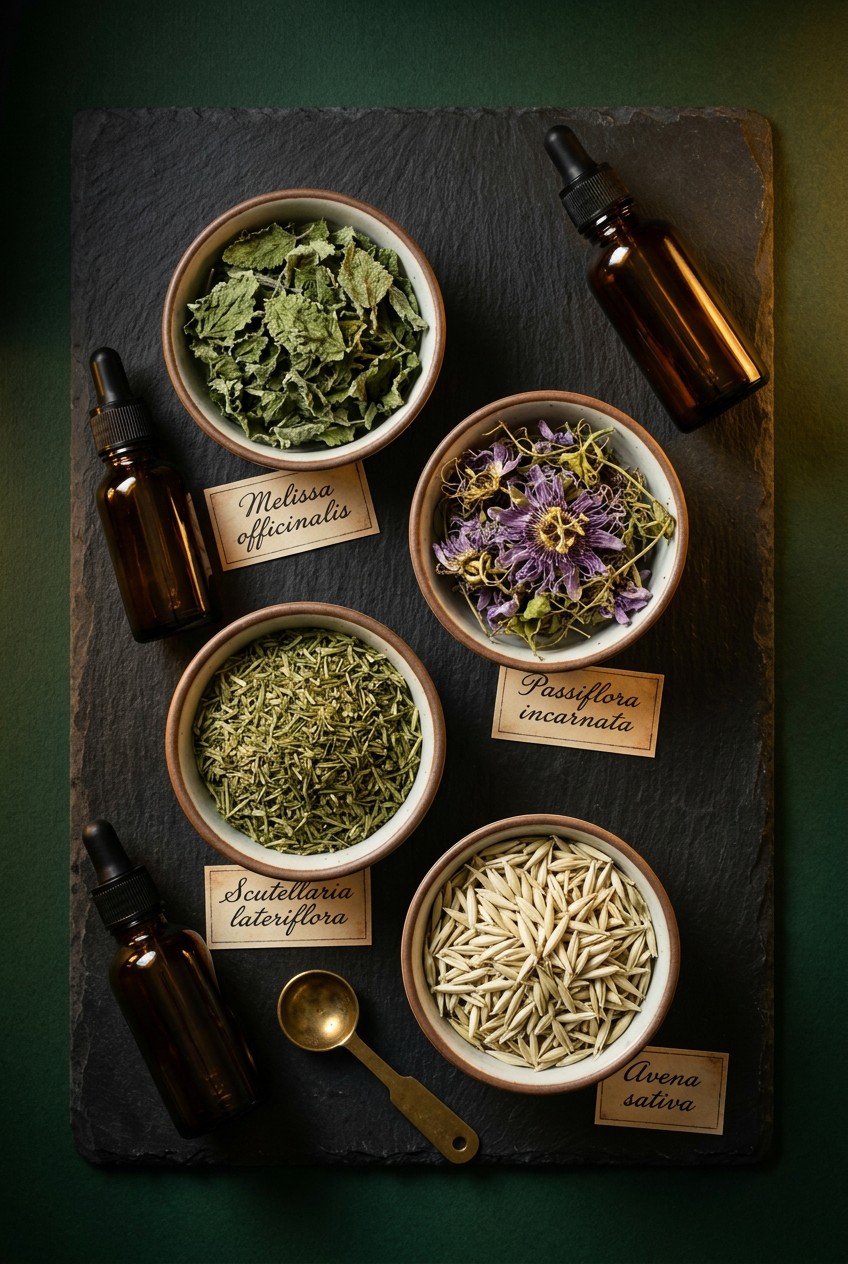 Dried lemon balm, passionflower, skullcap, and milky oat tops arranged in small bowls with amber glass dropper bottles for homemade anxiety tincture recipe