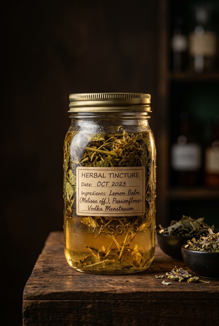 Glass jar filled with nervine herbs and vodka for herbal anxiety tincture, showing the maceration process for calming botanical medicine