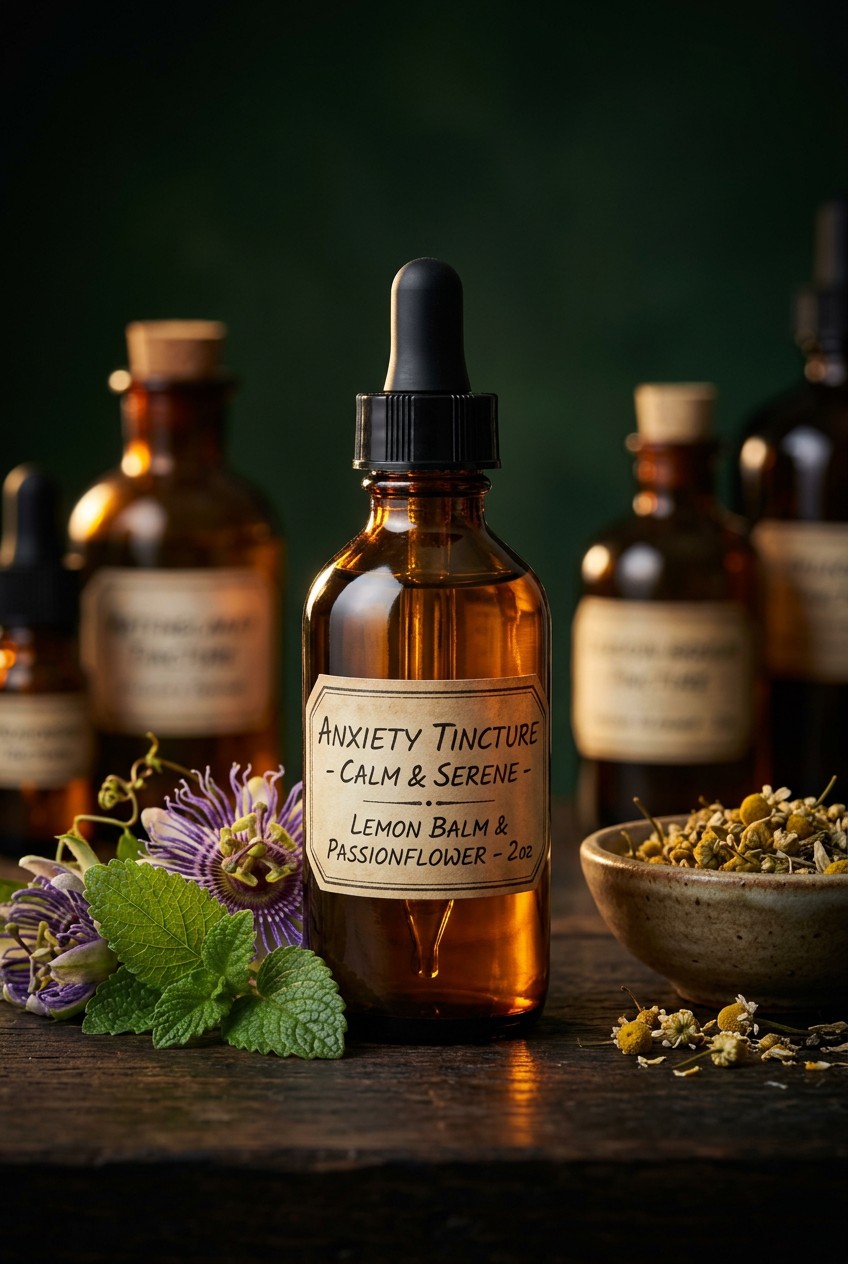 Finished homemade anxiety relief tincture in amber dropper bottle next to fresh lemon balm and passionflower, showing the deep amber color of nervine herbal medicine