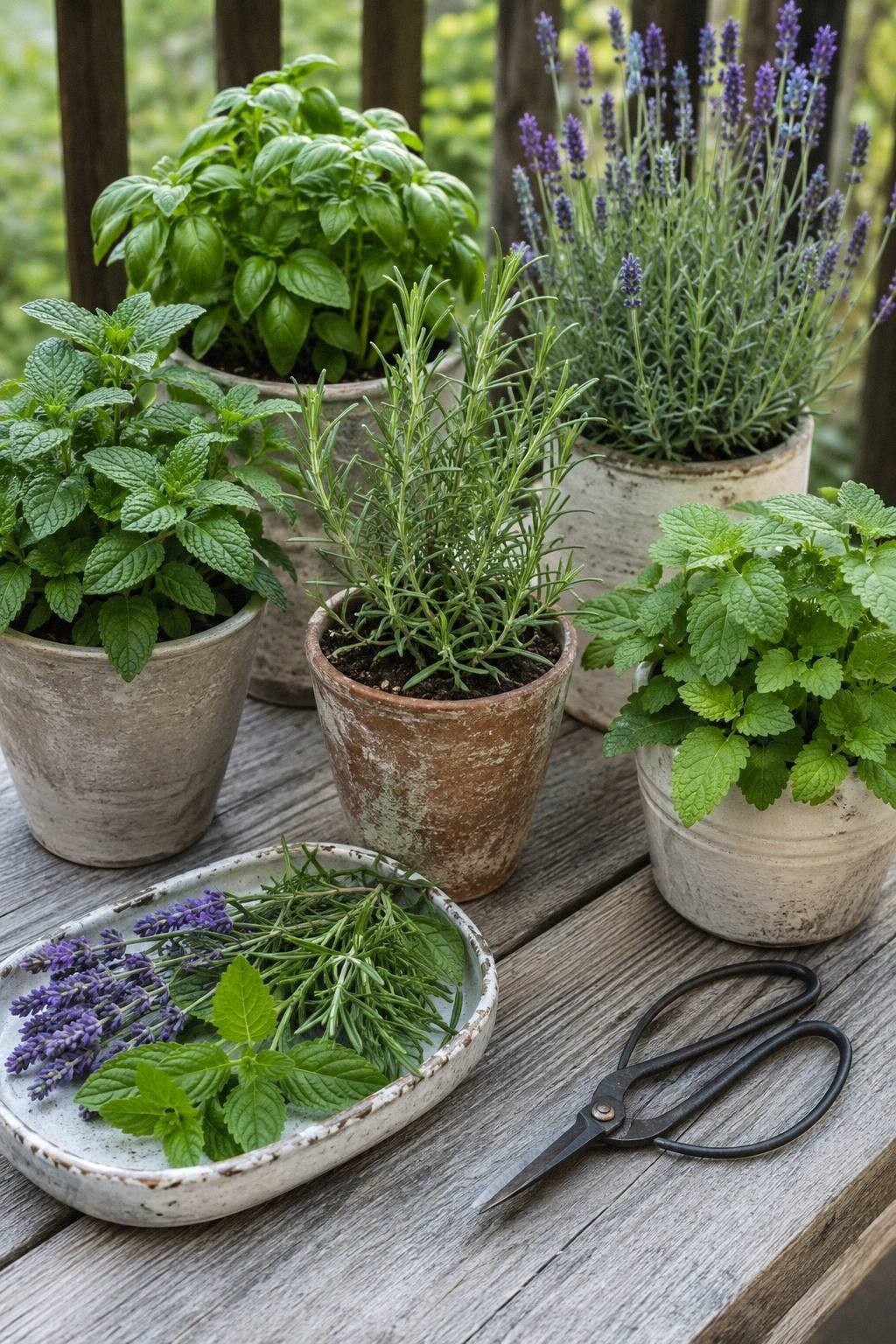 small patio herb garden with mint basil rosemary lavender lemon balm and simple labels