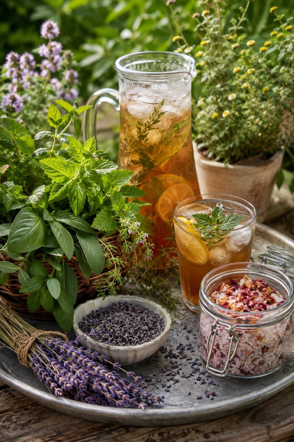 fresh herbs on a tray with iced tea pitcher mocktail glass dried lavender and bath soak jar