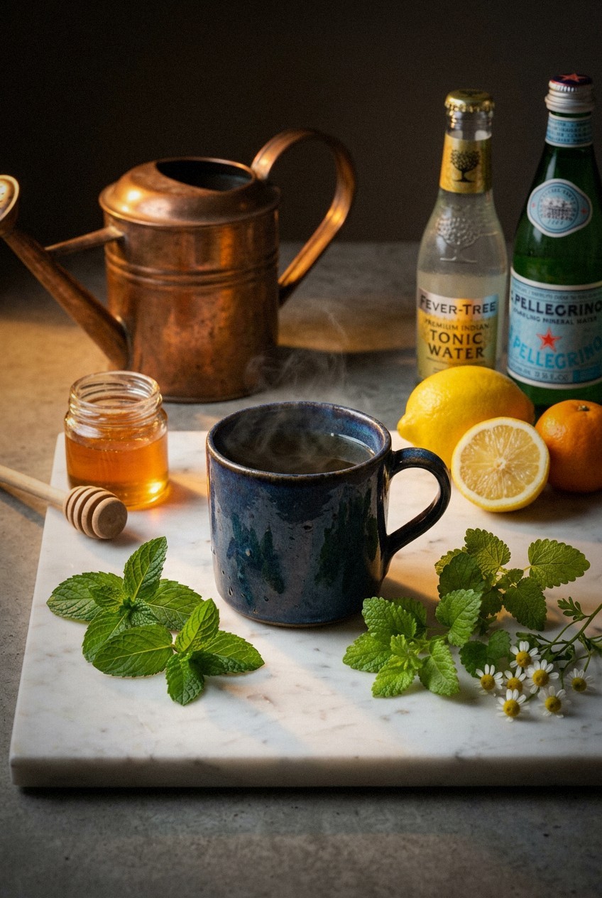 spring herb garden with young peppermint spearmint lemon balm and chamomile plants in raised bed with morning sunlight and watering can