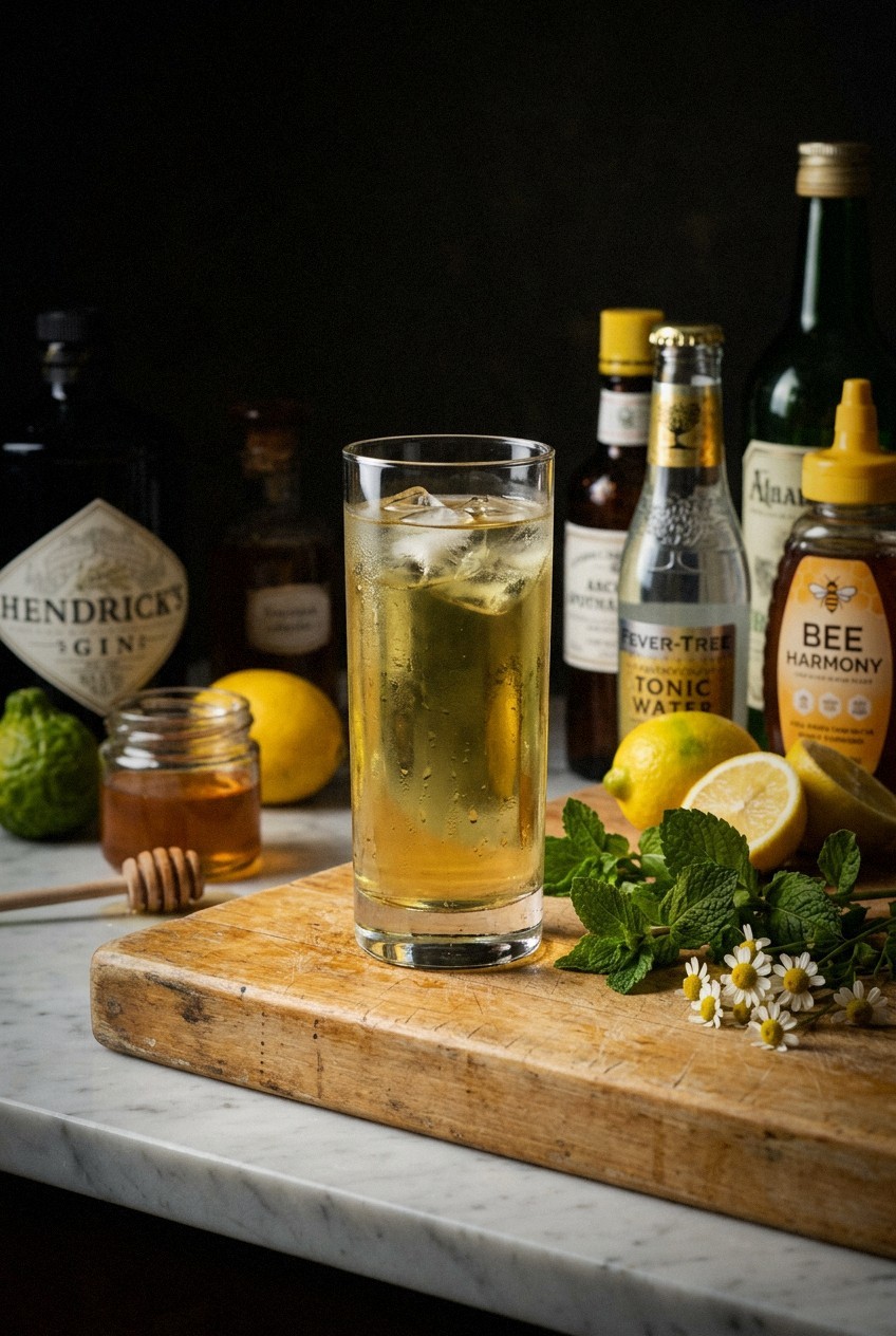 glass pitcher of iced herbal tea with fresh mint lemon balm and chamomile flowers floating in water with condensation on glass and garden in background