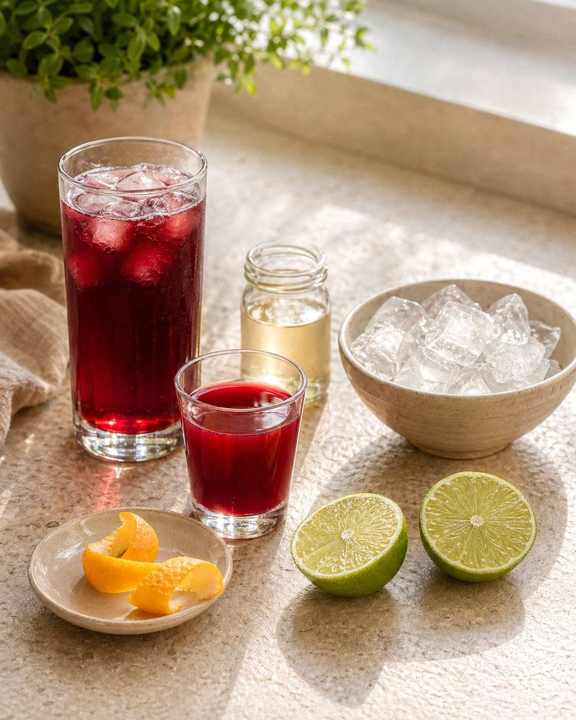 Hibiscus cranberry cosmopolitan mocktail ingredients with lime and orange on a pale stone surface