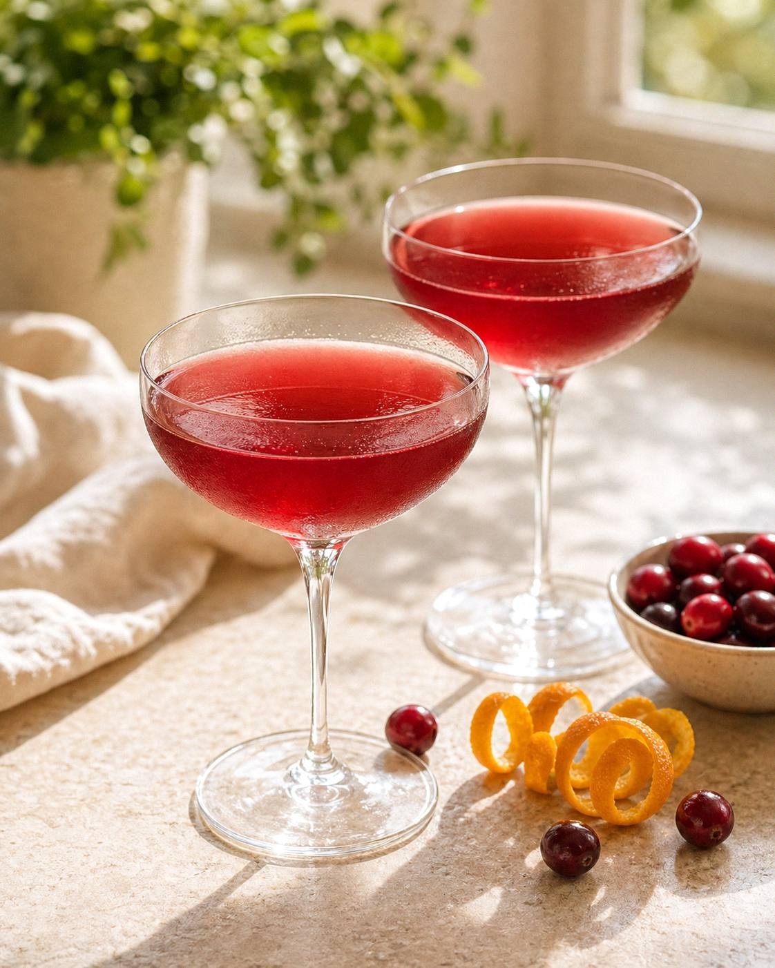 Two hibiscus cranberry cosmopolitan mocktails in coupe glasses with orange twists on a bright surface