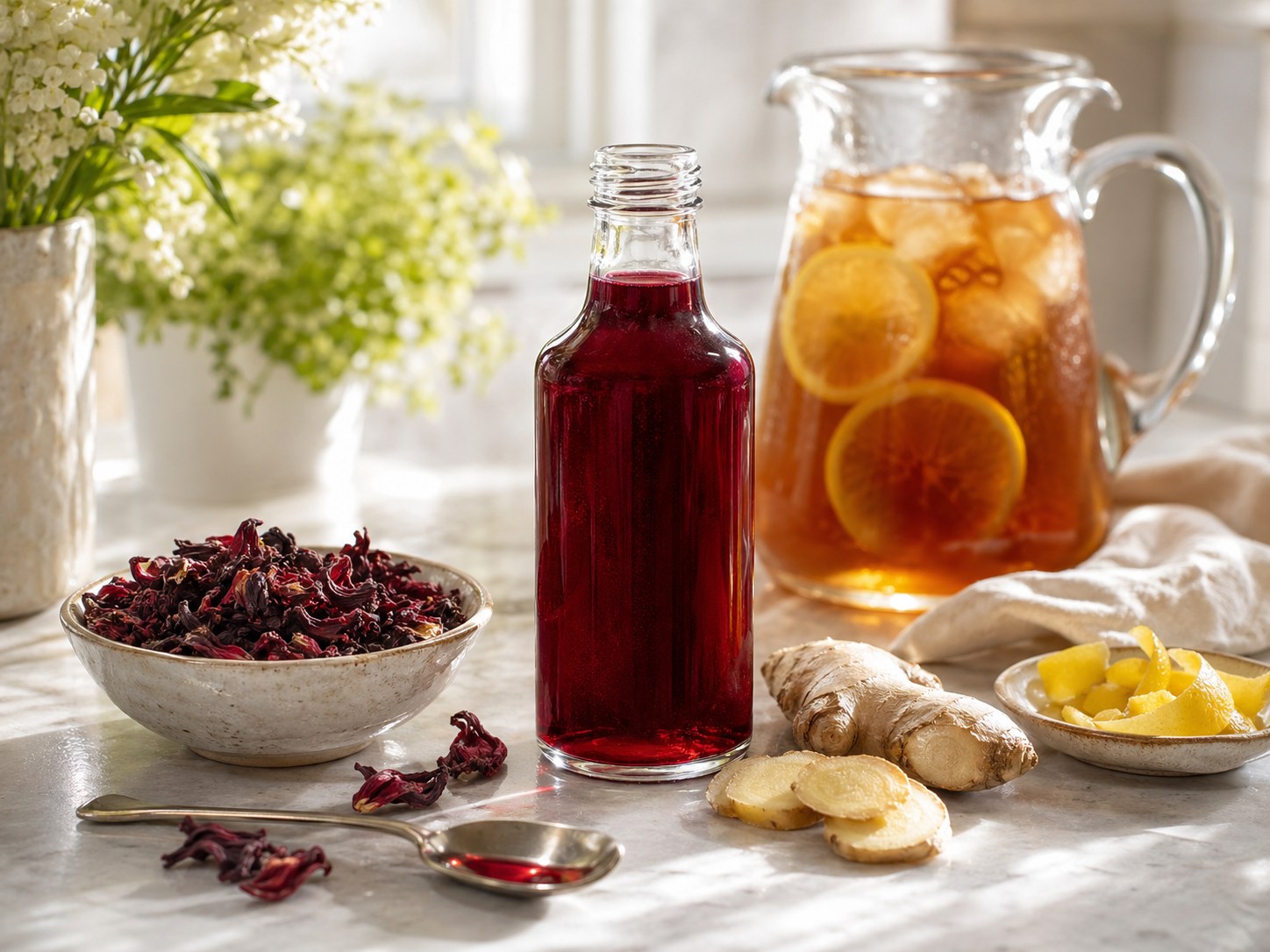 Hibiscus Ginger Syrup for Mocktails and Iced Tea