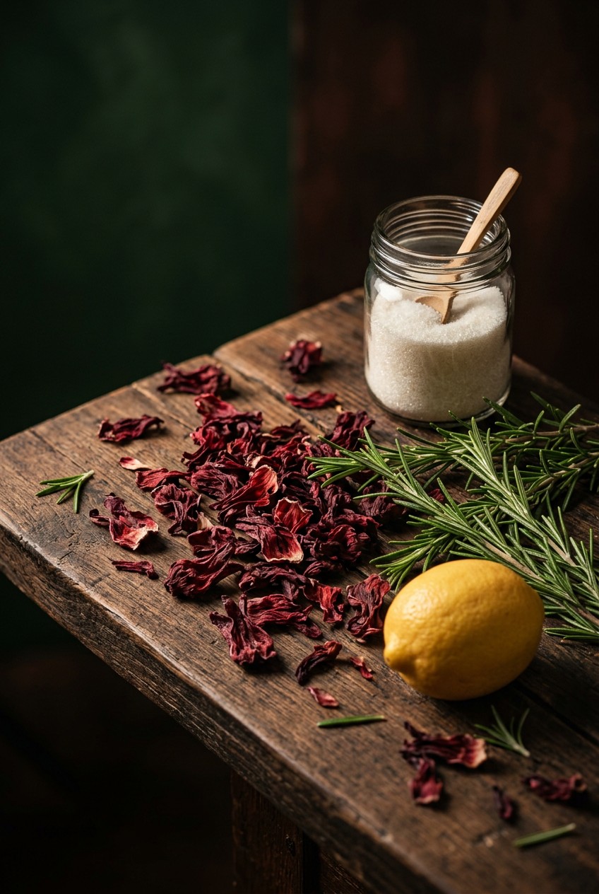 Dried hibiscus petals and fresh rosemary sprigs arranged on dark surface for botanical mocktail preparation
