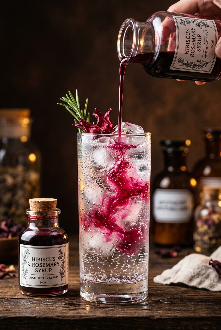 Deep ruby hibiscus rosemary syrup being poured into sparkling water with ice