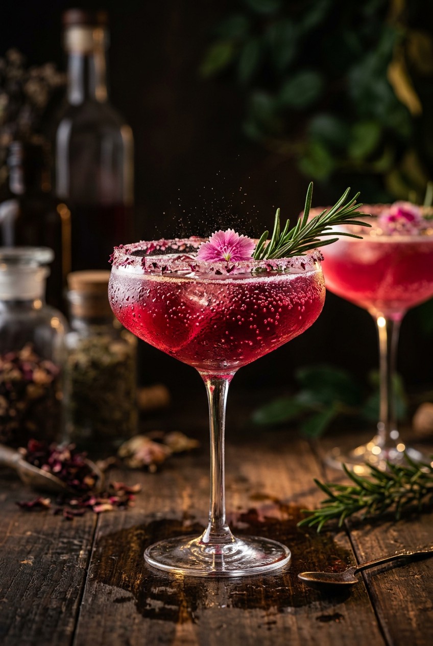 Hibiscus rosemary sparkler mocktail in glass garnished with rosemary sprig and lemon wheel