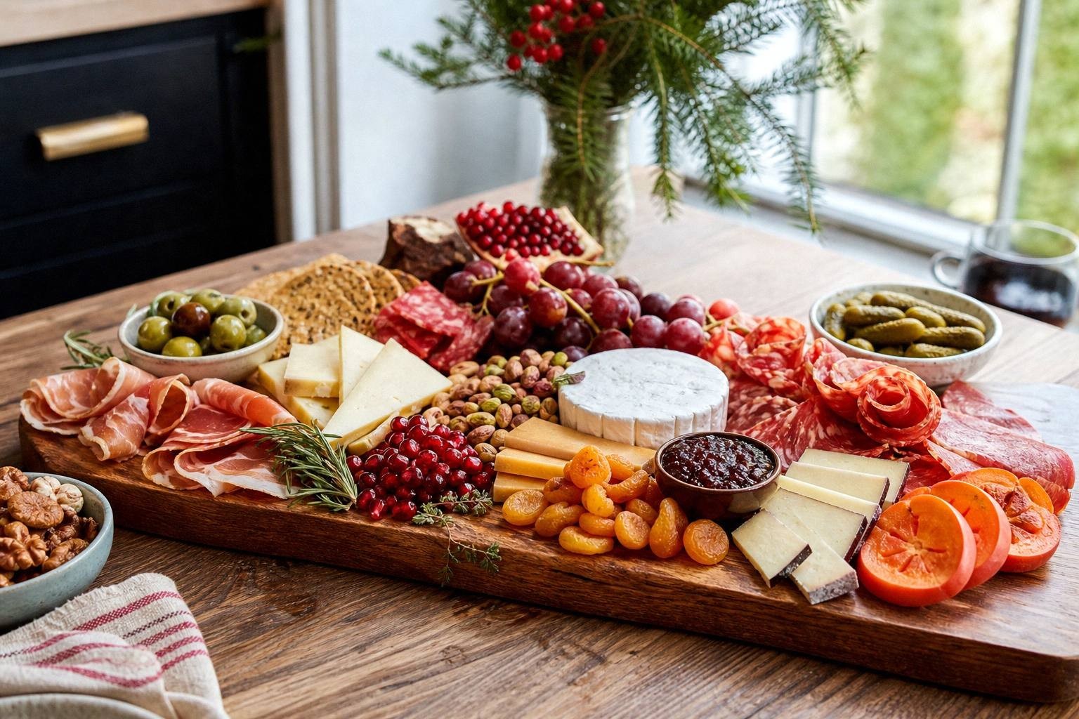 holiday charcuterie board arranged with red and green ingredients, rosemary sprigs, and cheese wedges on dining table