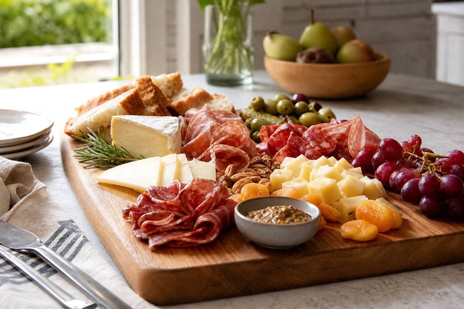 medium-sized charcuterie board with measured portions of cheese, meat, grapes, and crackers for six people
