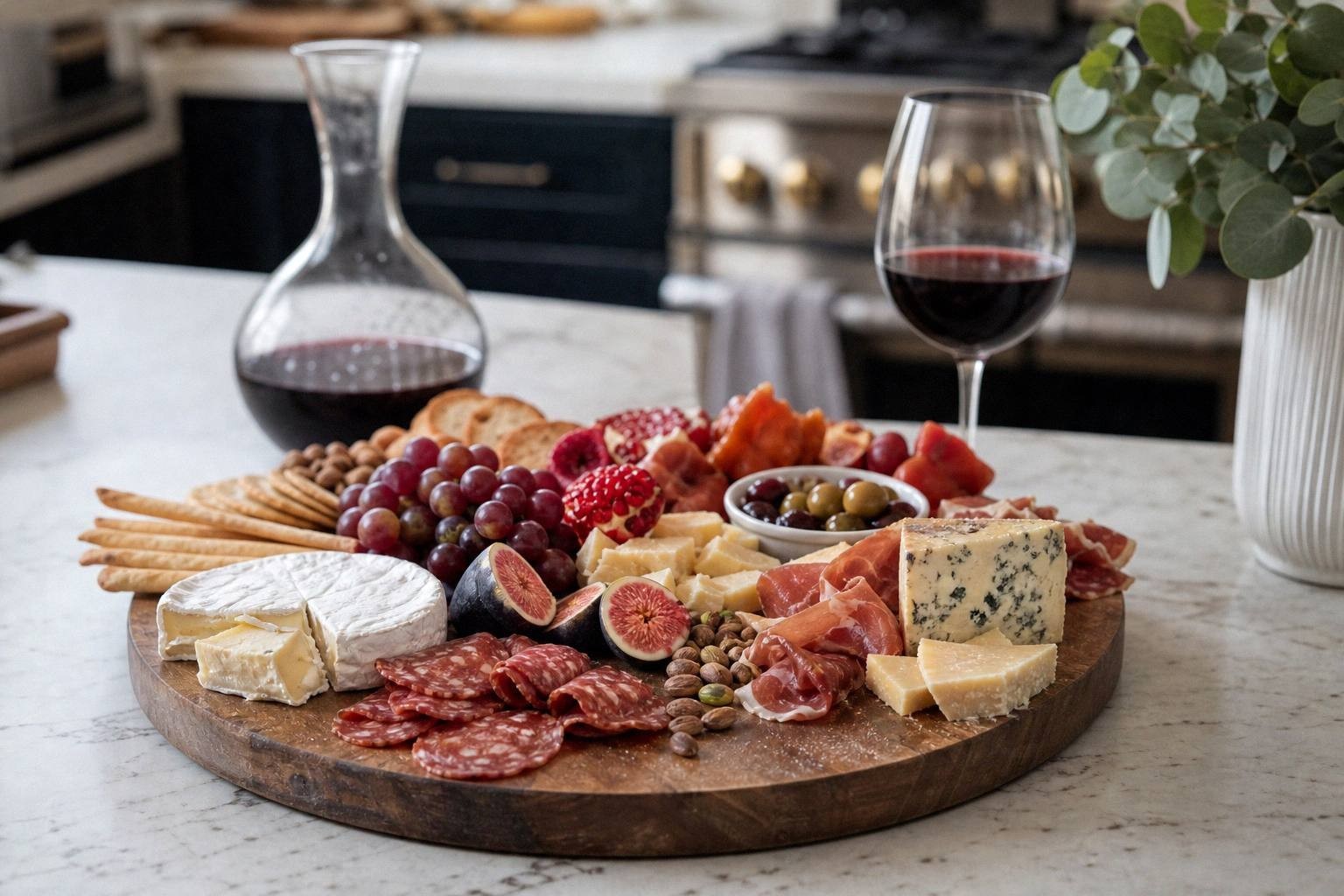 glasses of sparkling wine and light red wine next to holiday cheese board with cured meats and fruit