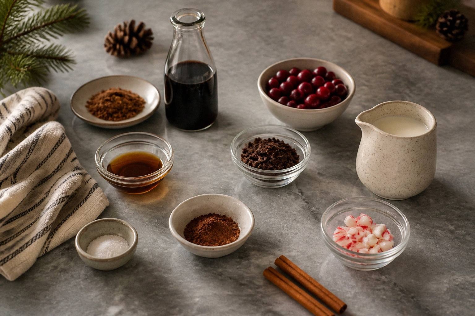 measured ingredients for holiday coffee bar laid out separately with kitchen props