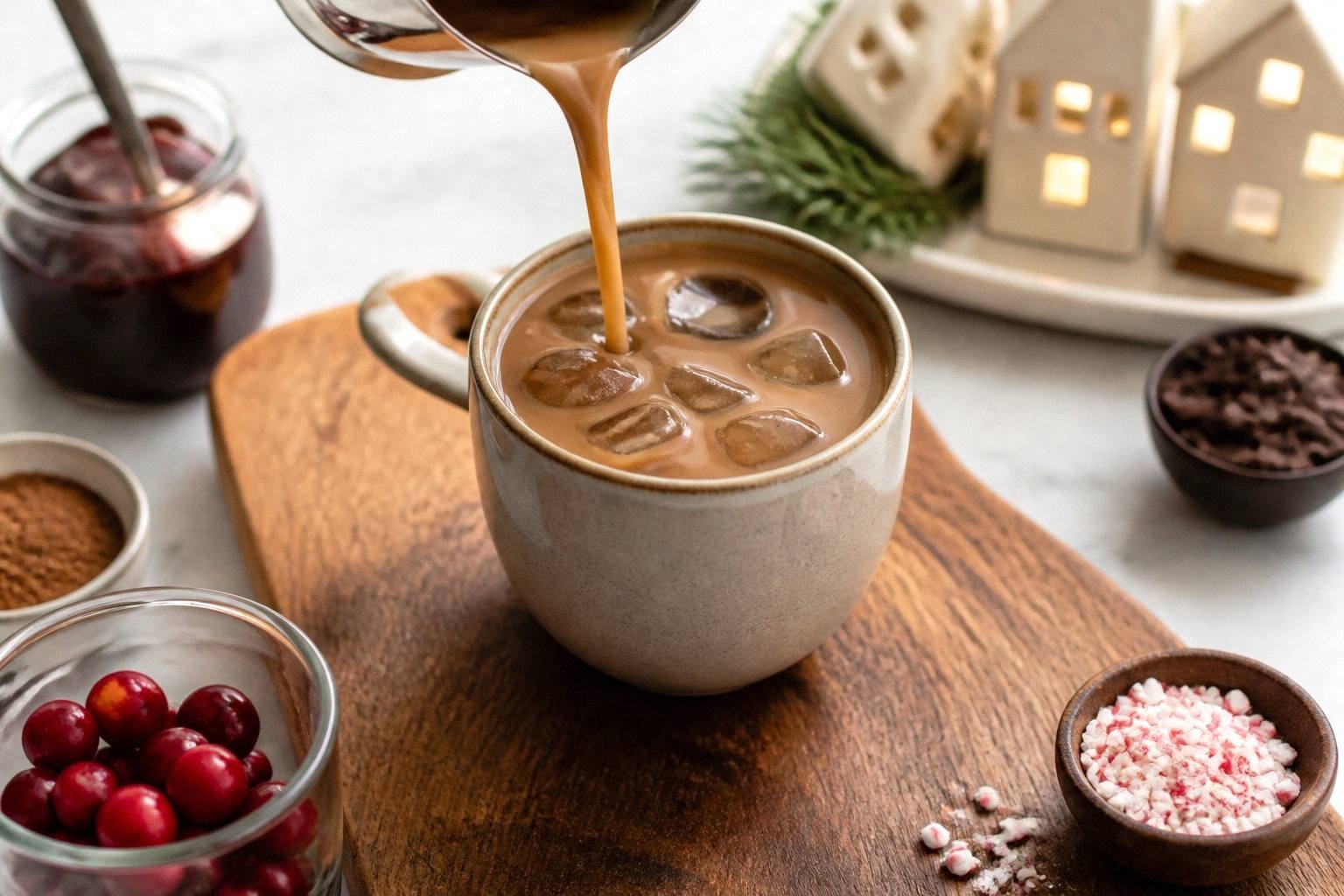 cream pouring into coffee mug at holiday coffee station