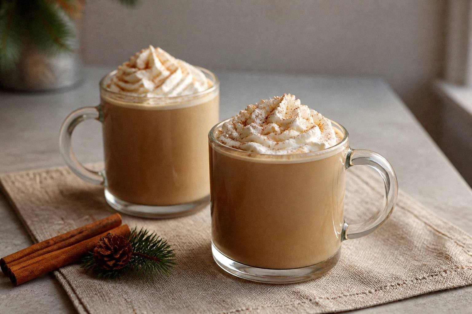 two finished holiday coffee drinks styled on table with festive mugs