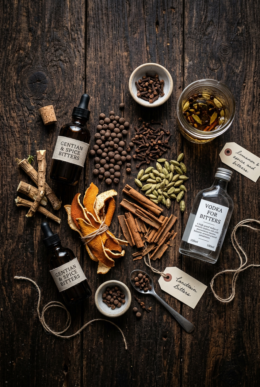 Assorted dried herbs, spices, and botanicals arranged on a wooden surface for making homemade bitters