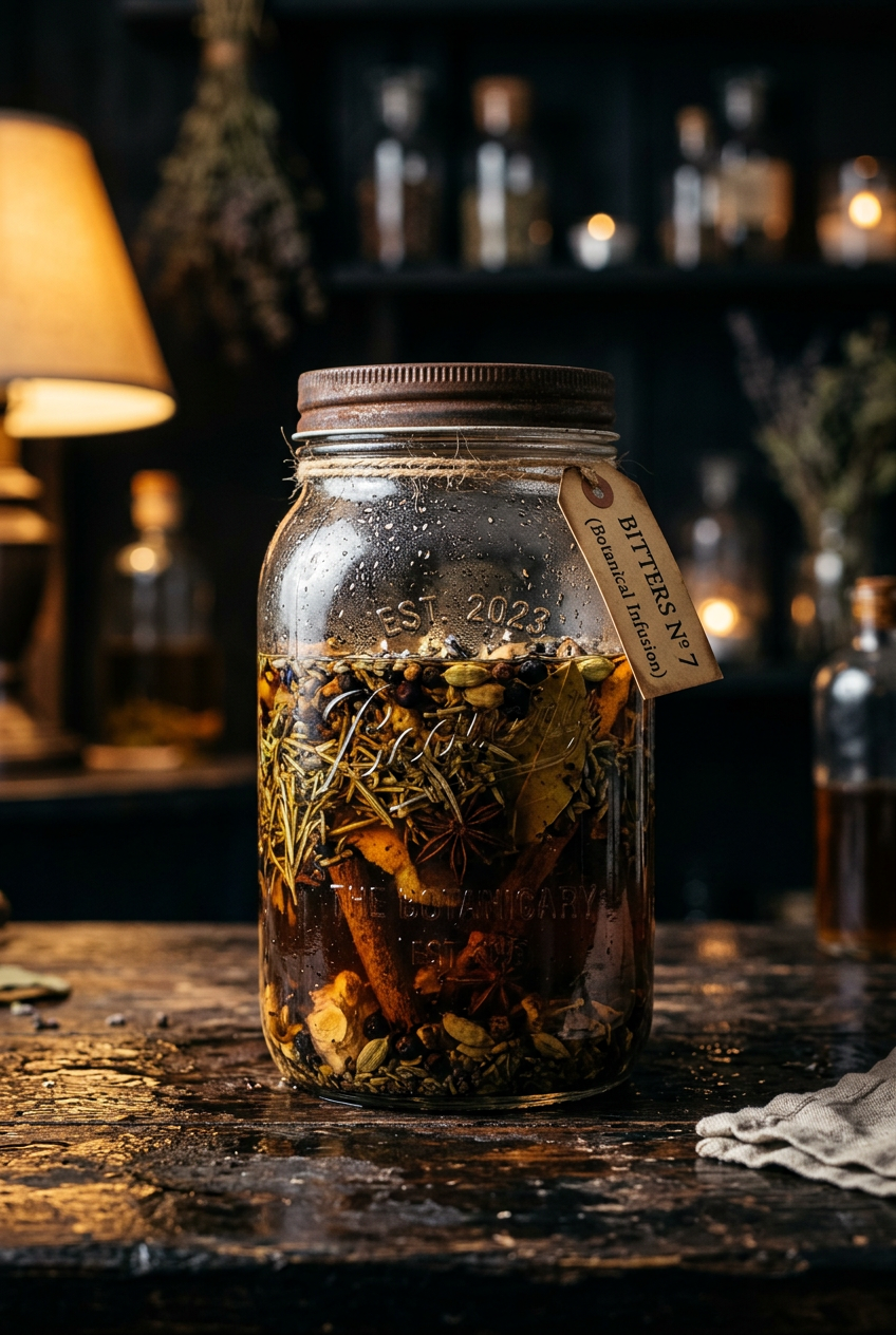 Glass jars filled with botanical infusions in various stages of steeping