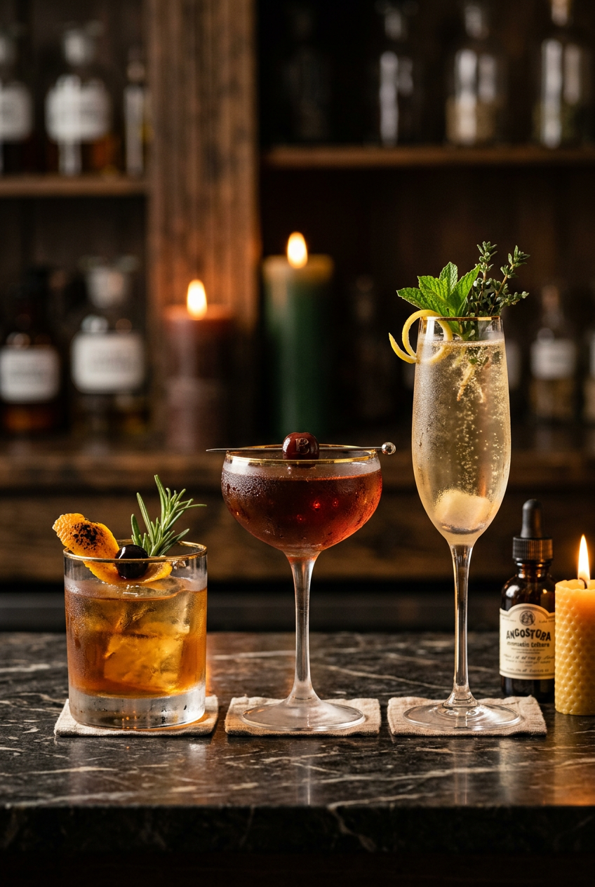 Row of finished cocktails garnished and ready to serve, each featuring homemade bitters