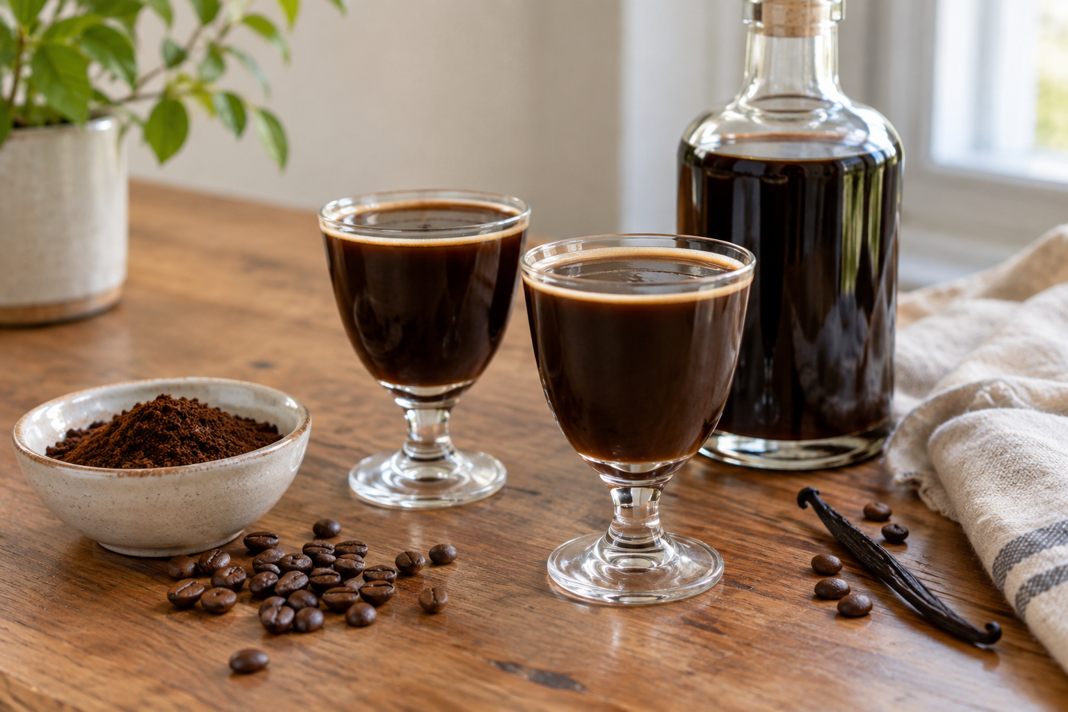 two glasses of finished homemade coffee liqueur on a table with swing-top bottles