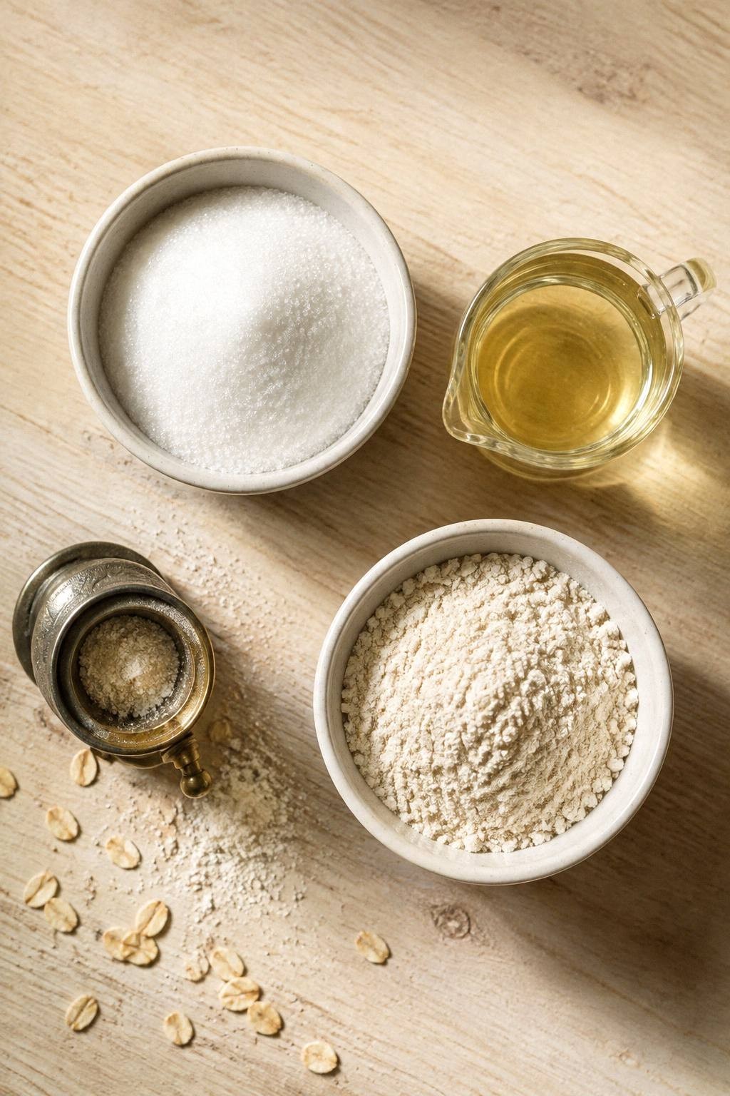 Fine caster sugar, finely ground oat powder, and clear carrier oil in three small bowls on a pale wood board for a homemade face scrub