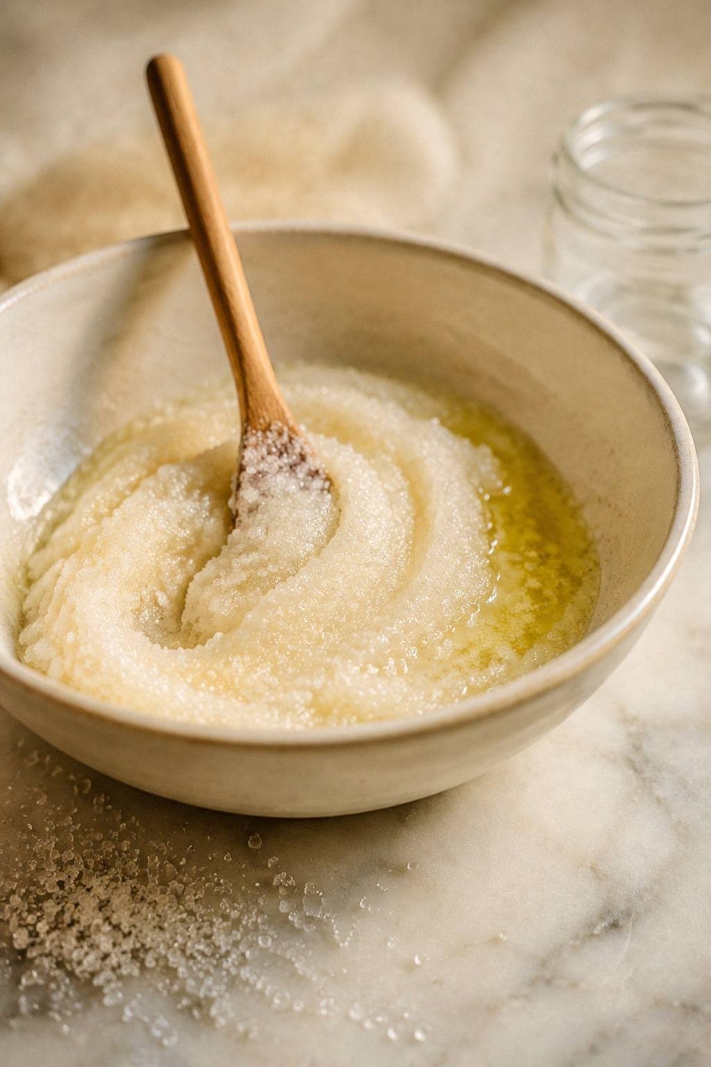 Homemade face scrub being stirred in a shallow ceramic bowl, sugar grains visible and a slick of unmixed oil at one edge