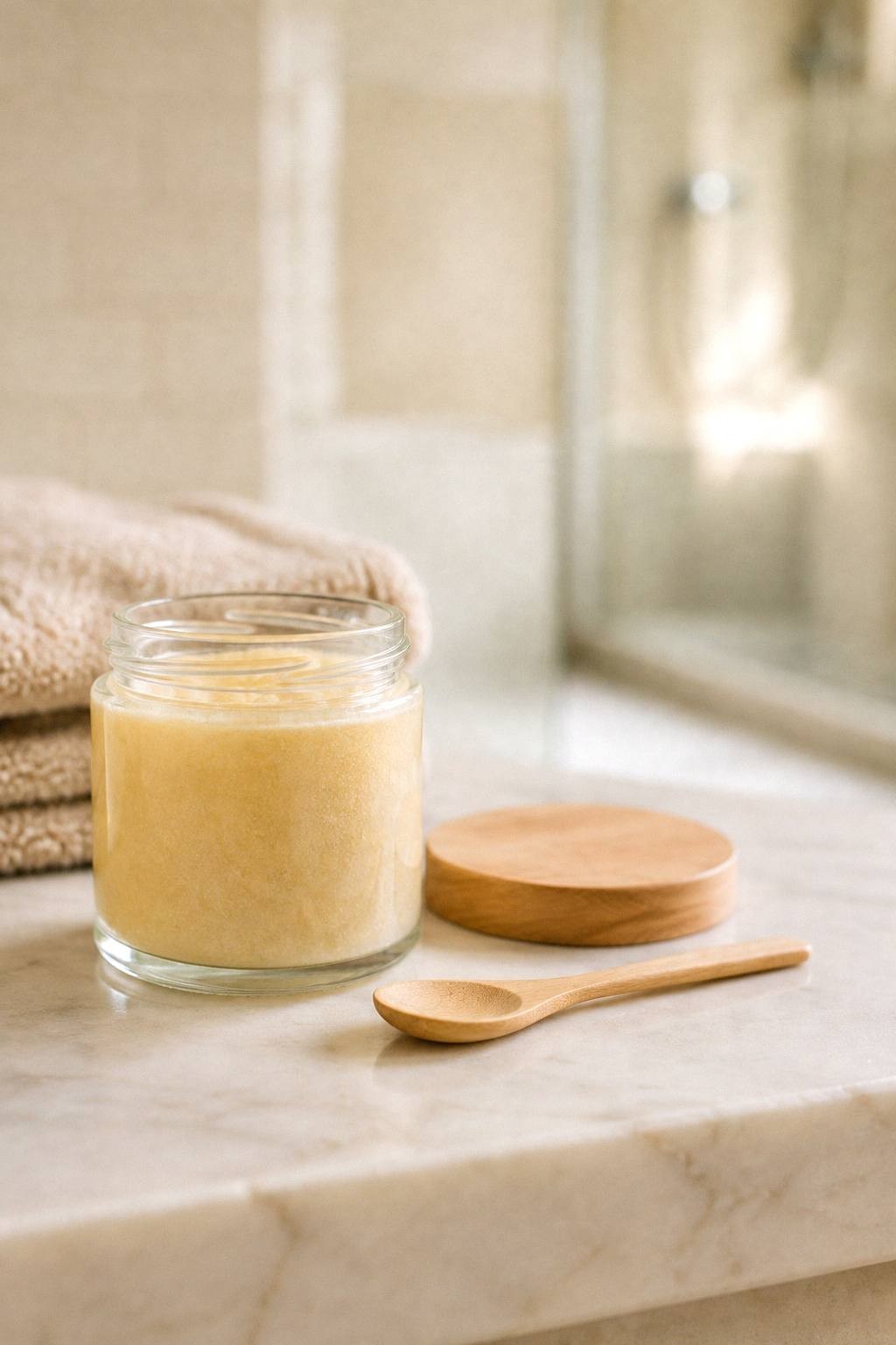A jar of homemade face scrub kept dry on a marble bathroom shelf with its own dry wooden spoon, away from the shower