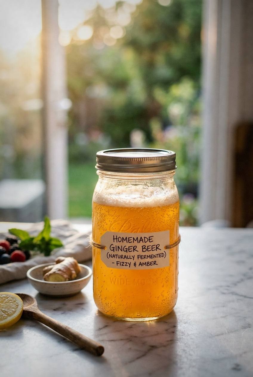 A glass jar of active ginger bug with visible bubbles forming on the surface, grated fresh ginger and sugar beside it on a bright kitchen counter