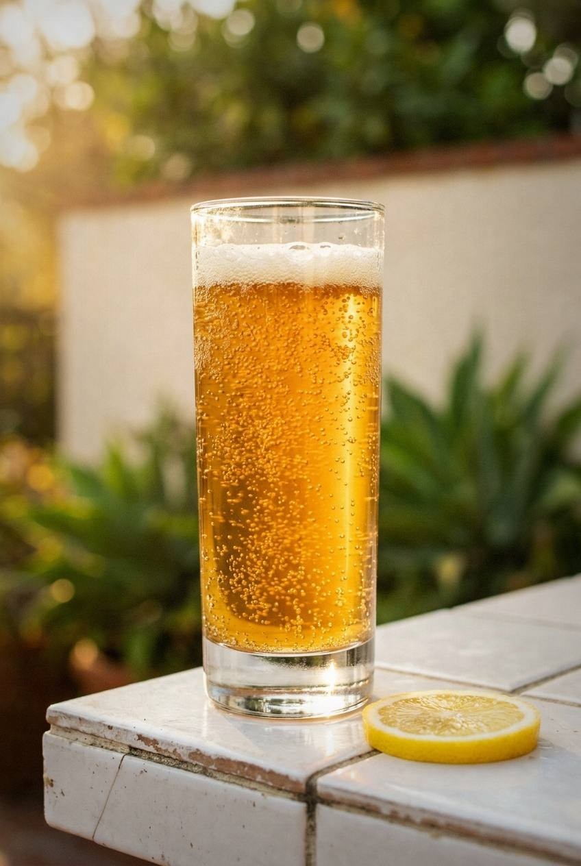 Homemade ginger beer in a flip-top glass bottle with visible carbonation bubbles, fresh ginger root and lemons on a bright surface
