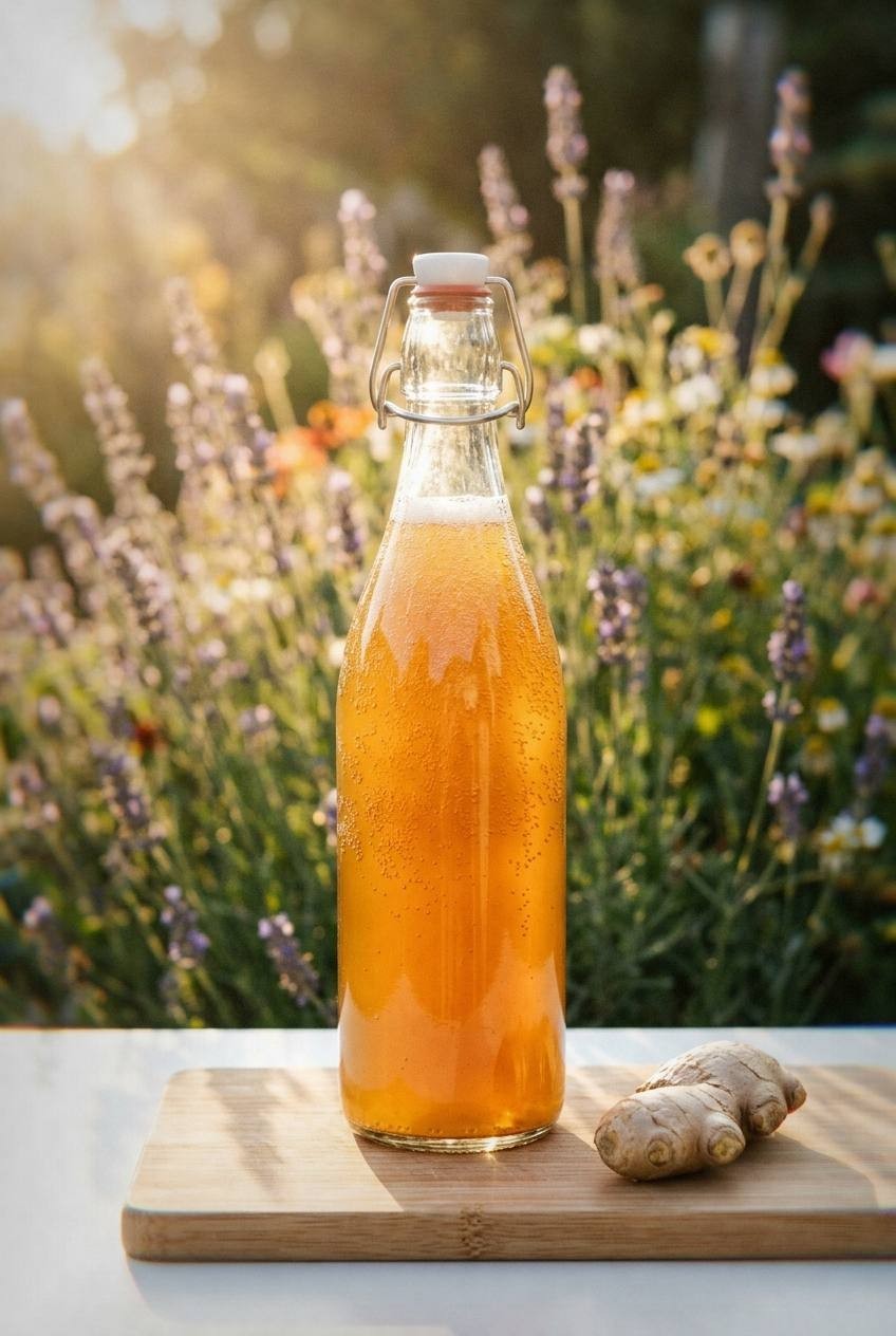 A tall glass of homemade ginger beer over ice with a lime wedge, showing natural cloudy pale golden color and active carbonation bubbles, fresh ginger root nearby