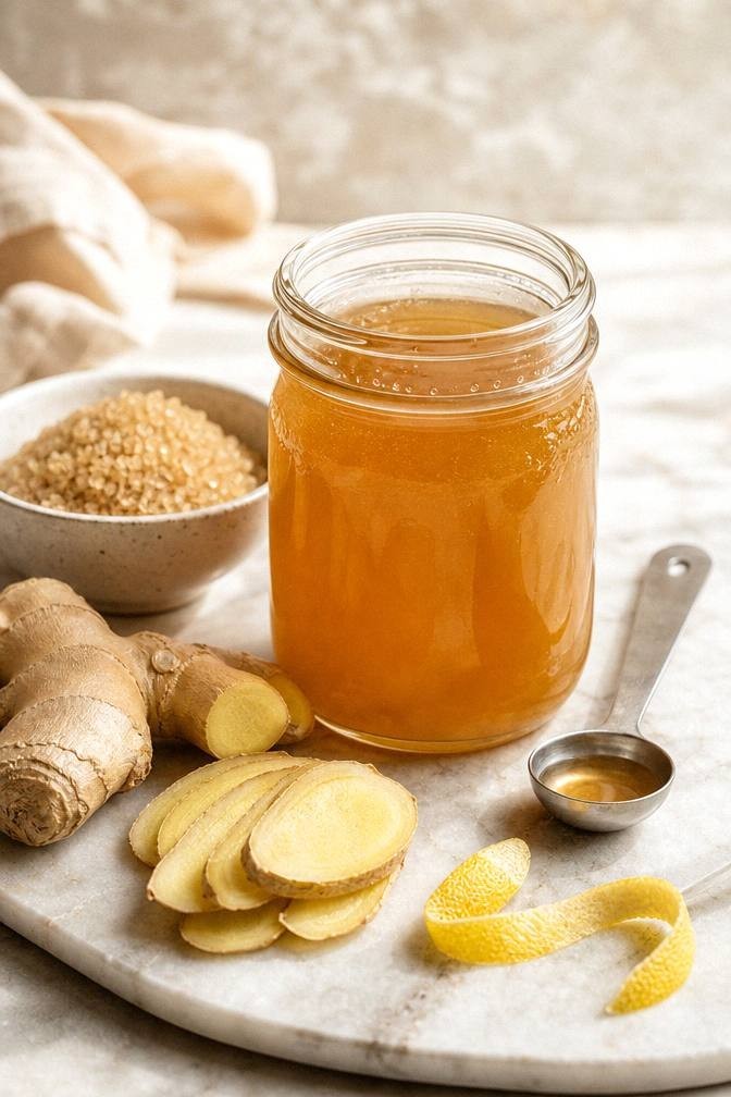 A knob of fresh ginger thinly sliced, a bowl of sugar, lemon peel, and a small pot on a pale surface for making homemade ginger syrup