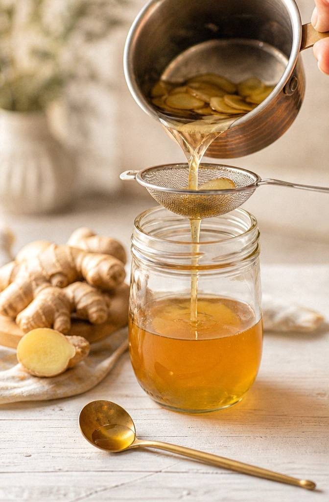 Sliced fresh ginger simmering in a small pot of syrup being strained into a glass jar for homemade ginger syrup