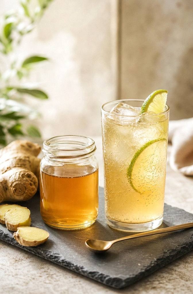 Finished golden homemade ginger syrup in a glass jar beside a glass of ginger ale with lime on a light surface in bright daylight