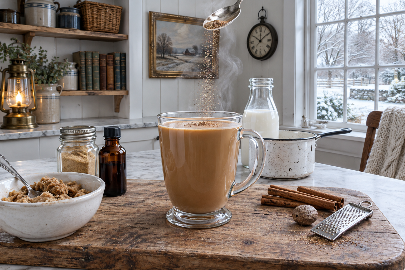 steamed spiced milk being poured into a glass over a shot of espresso