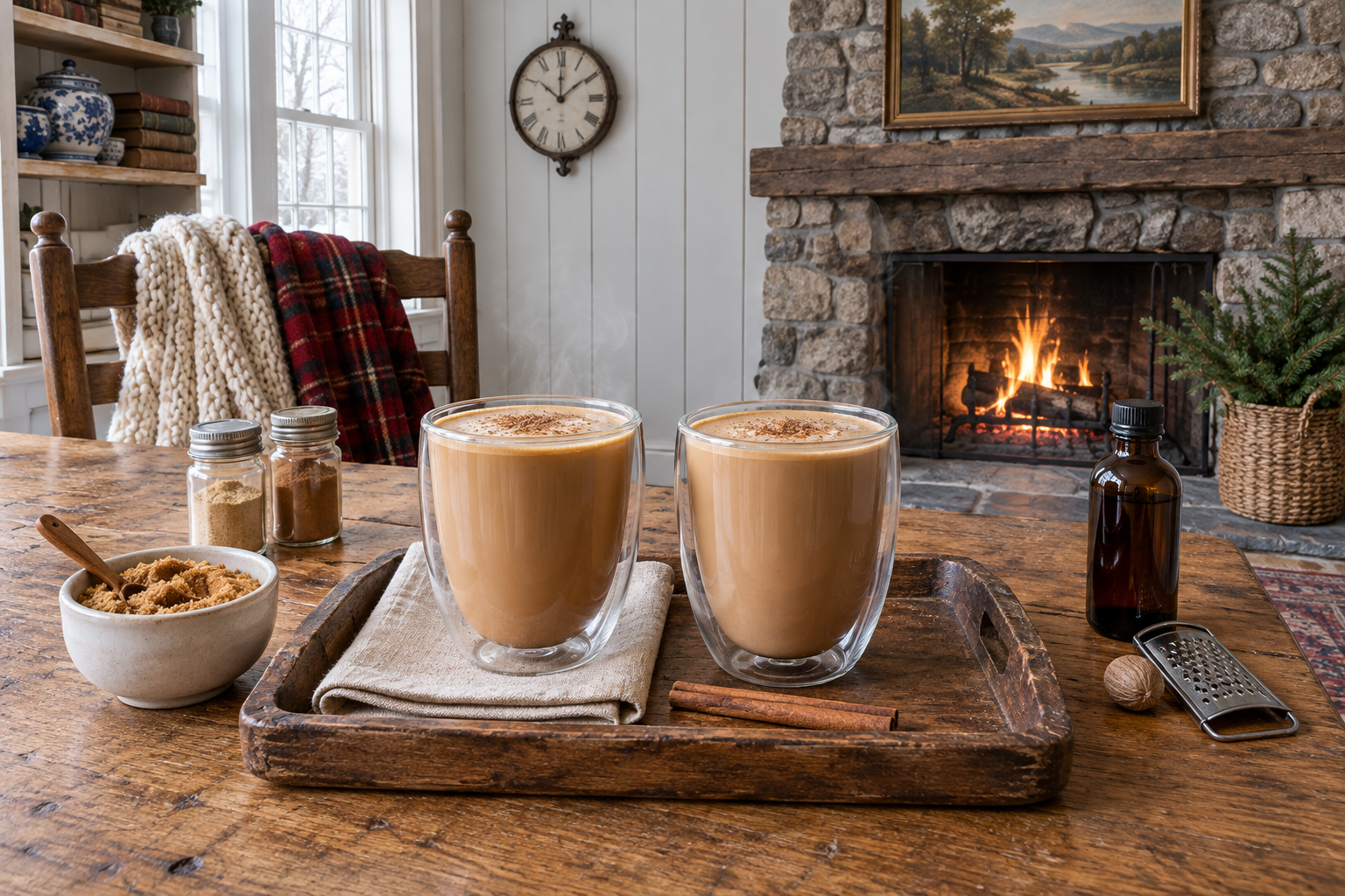 two gingerbread lattes in clear glasses topped with whipped cream and mini gingerbread men on a wooden table