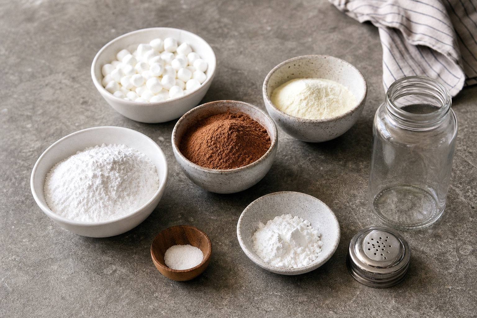 measured ingredients for hot cocoa mix including cocoa powder, powdered milk, confectioners' sugar, cornstarch, and salt